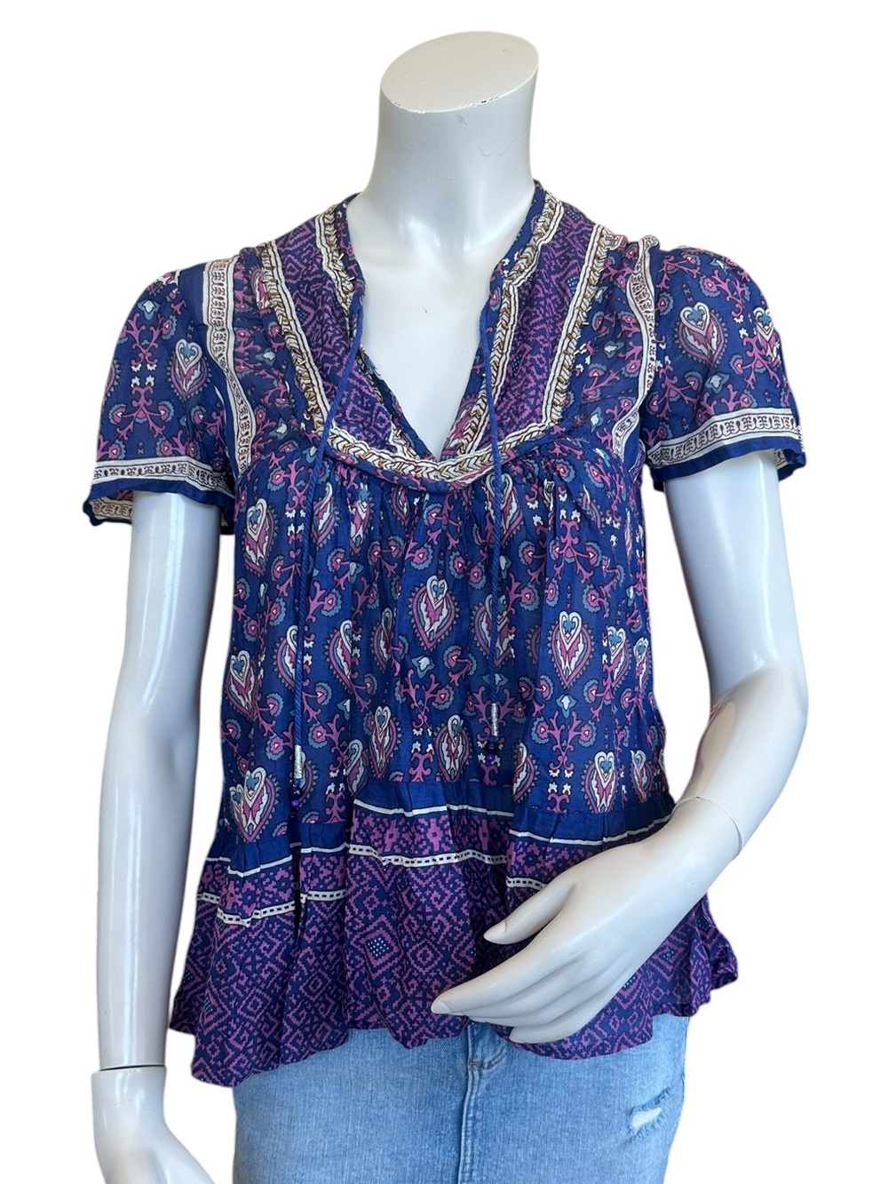 Anthropologie Raga Blue & Purple Tapestry Boho Babydoll Peasant Top Size Small